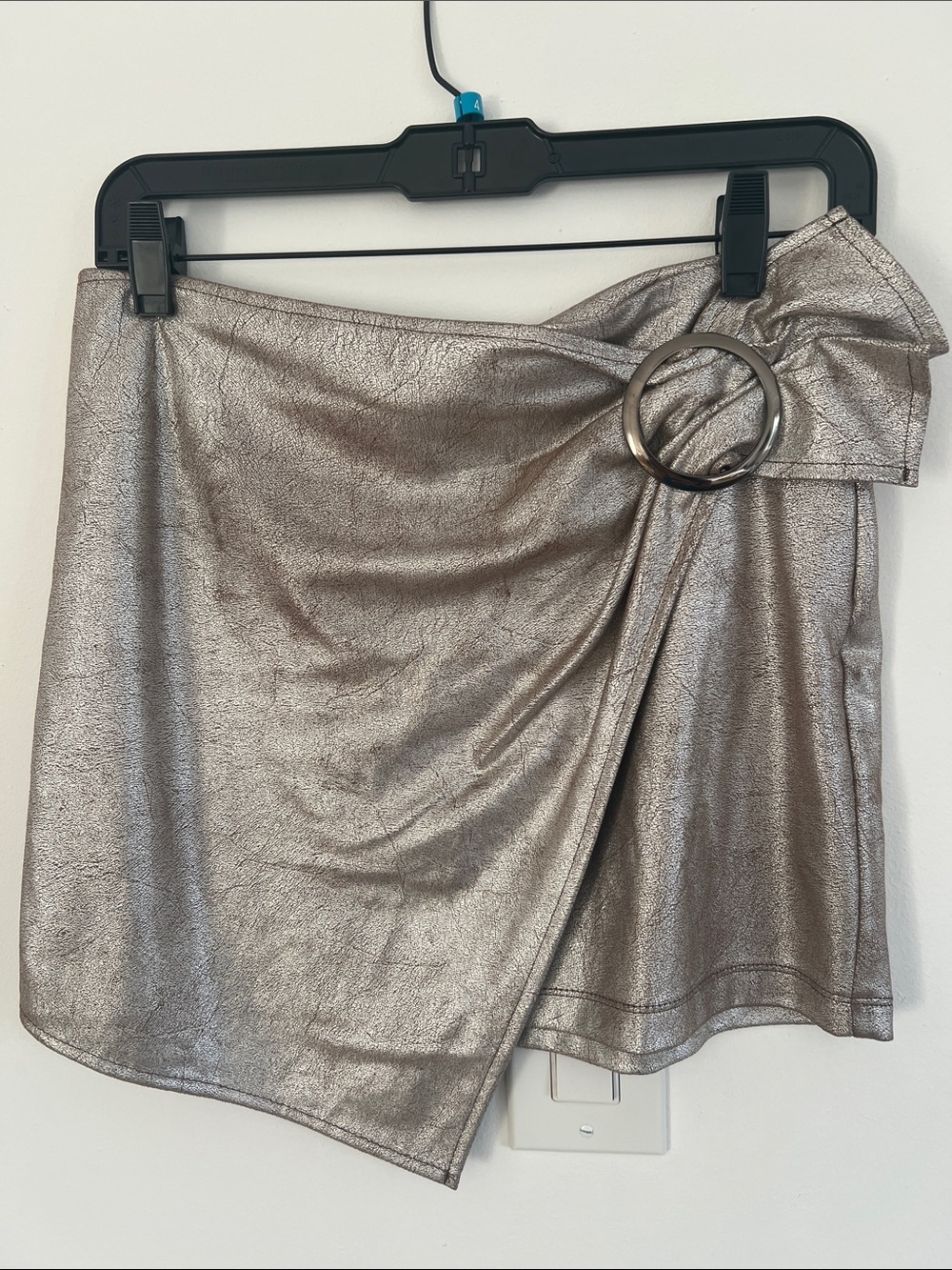 Zara Silver Metallic Wrap-Style Mini Skirt with Ring Accent
